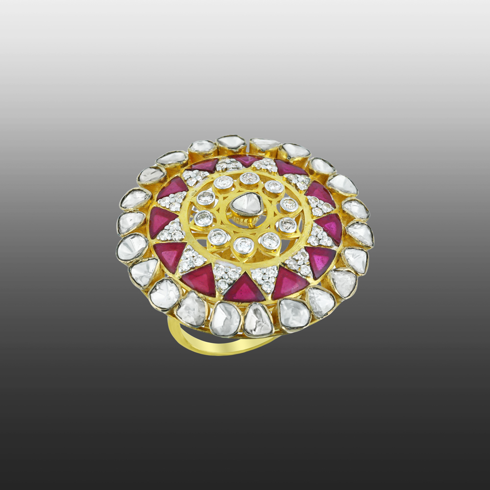 Polki Ring with Red Talafs and Polki Detailing